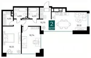 2-к квартира, вторичка, 85м2, 6/13 этаж