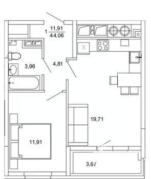 1-к квартира, вторичка, 44м2, 18/26 этаж