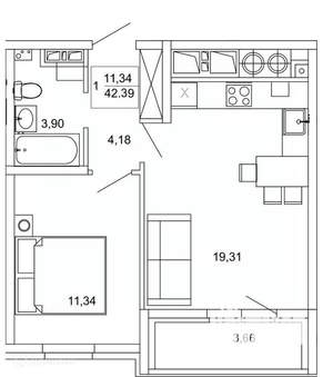 1-к квартира, вторичка, 42м2, 8/26 этаж
