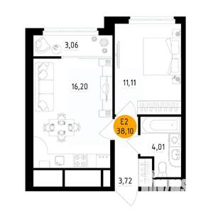 1-к квартира, вторичка, 38м2, 18/25 этаж