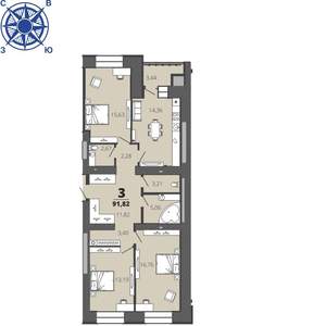 3-к квартира, строящийся дом, 92м2, 1/16 этаж