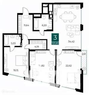 3-к квартира, вторичка, 124м2, 3/14 этаж