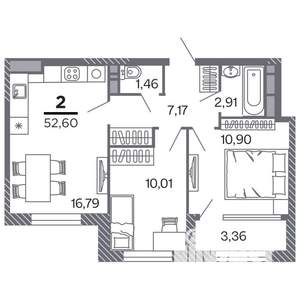 2-к квартира, строящийся дом, 53м2, 5/25 этаж
