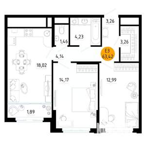 2-к квартира, вторичка, 63м2, 18/25 этаж