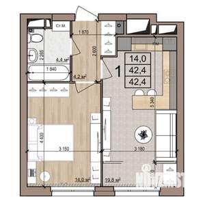 1-к квартира, строящийся дом, 42м2, 20/25 этаж