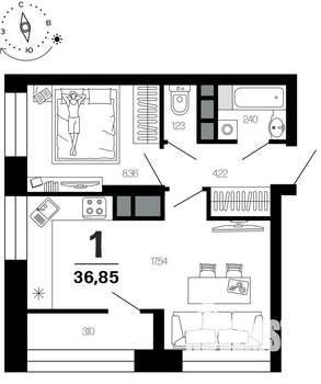 1-к квартира, вторичка, 37м2, 14/21 этаж