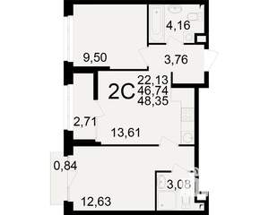 2-к квартира, вторичка, 47м2, 6/25 этаж