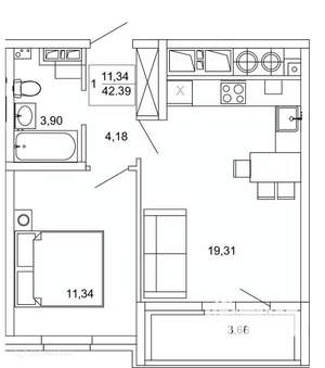 1-к квартира, вторичка, 42м2, 15/26 этаж