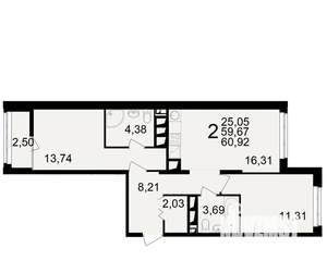 2-к квартира, вторичка, 60м2, 19/25 этаж