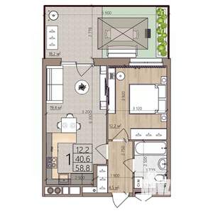 1-к квартира, строящийся дом, 59м2, 1/8 этаж