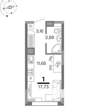1-к квартира, вторичка, 18м2, 7/25 этаж