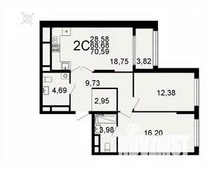 2-к квартира, вторичка, 71м2, 2/26 этаж