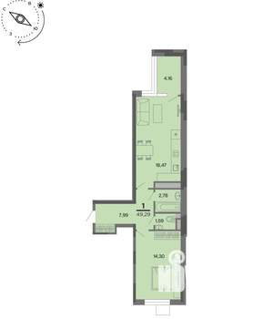 1-к квартира, вторичка, 49м2, 2/22 этаж