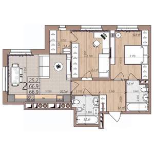 2-к квартира, строящийся дом, 67м2, 2/8 этаж