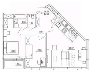 2-к квартира, вторичка, 75м2, 13/26 этаж