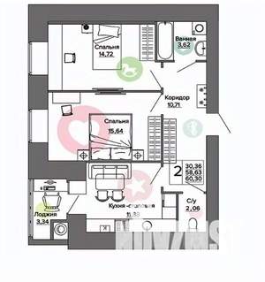 2-к квартира, вторичка, 60м2, 13/16 этаж