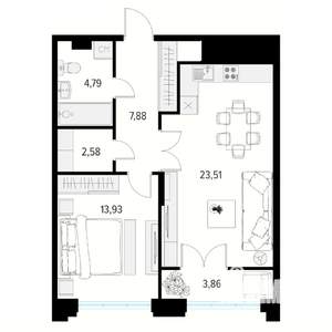 1-к квартира, вторичка, 55м2, 9/10 этаж