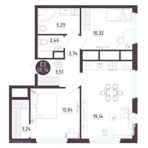 2-к квартира, вторичка, 60м2, 3/19 этаж