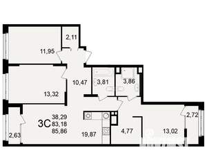 3-к квартира, вторичка, 83м2, 12/25 этаж