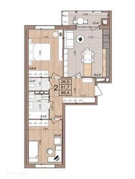 2-к квартира, вторичка, 66м2, 6/17 этаж