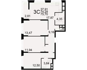 3-к квартира, вторичка, 74м2, 19/25 этаж