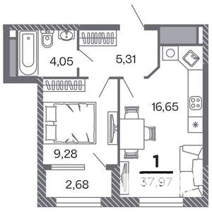1-к квартира, строящийся дом, 38м2, 23/25 этаж