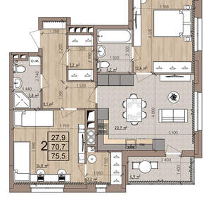 2-к квартира, вторичка, 76м2, 6/8 этаж