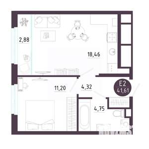 1-к квартира, вторичка, 42м2, 7/18 этаж