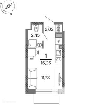 1-к квартира, вторичка, 16м2, 9/26 этаж
