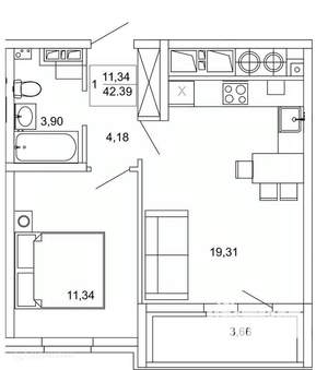 1-к квартира, вторичка, 42м2, 6/26 этаж