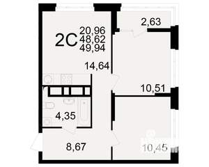 2-к квартира, вторичка, 49м2, 14/25 этаж