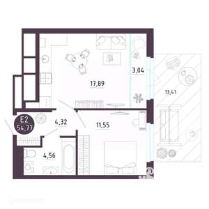 1-к квартира, вторичка, 55м2, 1/19 этаж