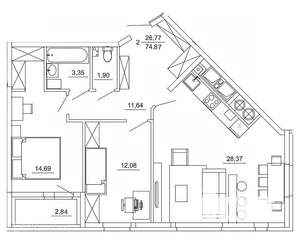 2-к квартира, вторичка, 75м2, 11/26 этаж