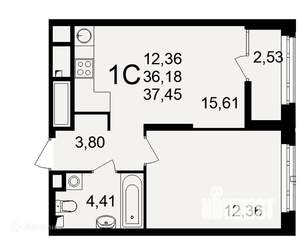 1-к квартира, вторичка, 37м2, 1/26 этаж