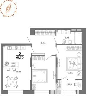 2-к квартира, вторичка, 62м2, 15/22 этаж
