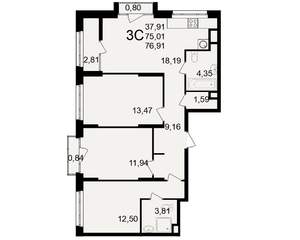 3-к квартира, вторичка, 75м2, 9/25 этаж