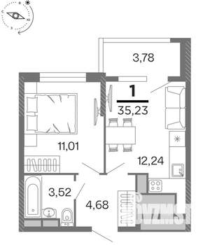1-к квартира, строящийся дом, 35м2, 14/15 этаж