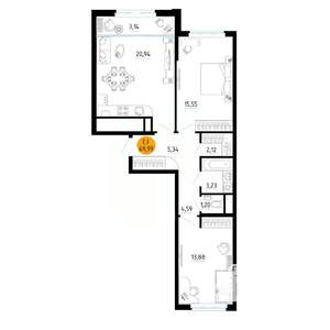 2-к квартира, вторичка, 70м2, 23/25 этаж