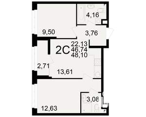 2-к квартира, вторичка, 47м2, 5/25 этаж