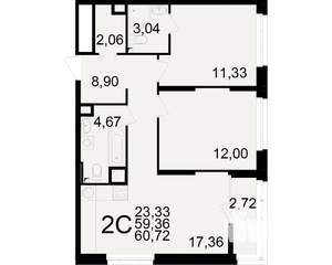 2-к квартира, вторичка, 59м2, 7/25 этаж