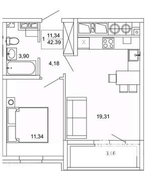 1-к квартира, вторичка, 42м2, 1/26 этаж