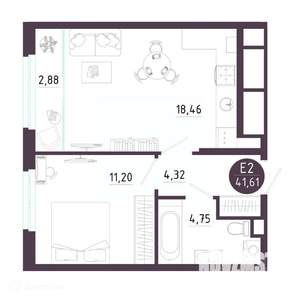 1-к квартира, вторичка, 42м2, 8/19 этаж