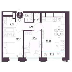 2-к квартира, вторичка, 58м2, 9/18 этаж