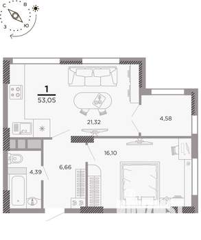 1-к квартира, вторичка, 53м2, 22/25 этаж