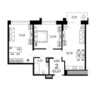 2-к квартира, вторичка, 65м2, 9/19 этаж