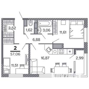 2-к квартира, строящийся дом, 57м2, 4/25 этаж