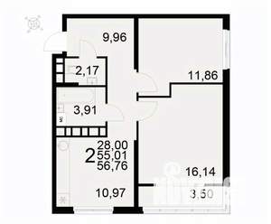 2-к квартира, вторичка, 57м2, 6/22 этаж