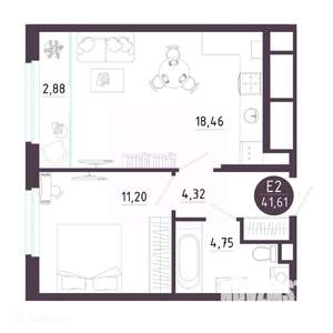 1-к квартира, вторичка, 42м2, 7/19 этаж