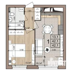 1-к квартира, строящийся дом, 42м2, 2/25 этаж
