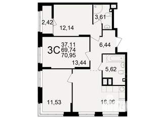3-к квартира, вторичка, 70м2, 2/25 этаж
